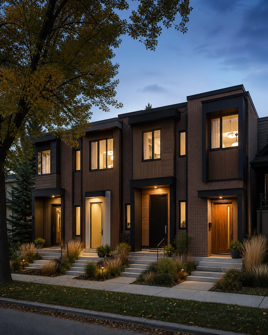 Editorial architectural concept of a contemporary four-home Calgary infill